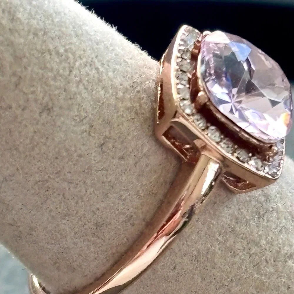 Rose Gold-Plated Cushion Cut Pink Cubic Zirconia Halo Ring W/ White Accent Stone - Picture 2 of 4